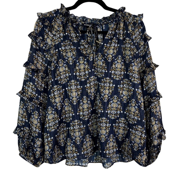 Express Women’s Blue Silver Multi Color Semi-Sheer Floral‎  Blouse Size Small - Picture 9 of 13